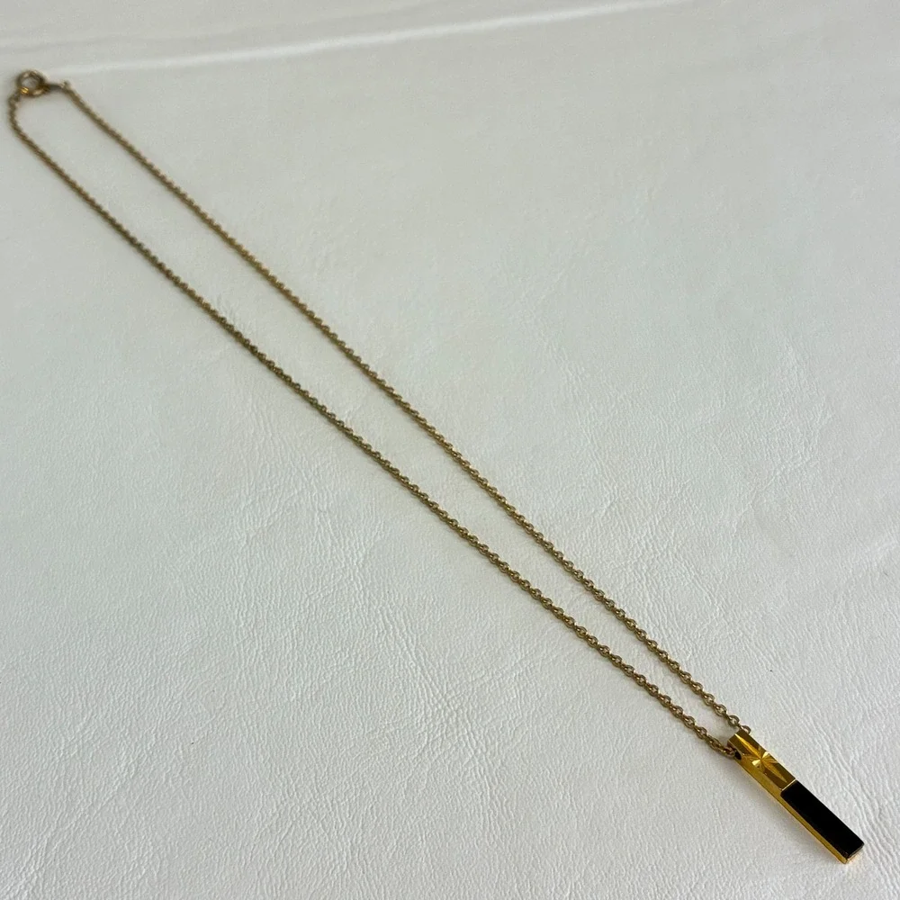 Vintage Gold Tone Necklace Black Bar Starburst Etched Pendant Mid Century Dainty